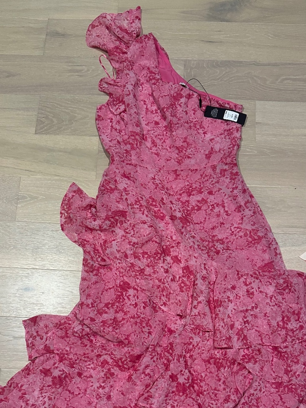 NWT one shoulder hot pink midi ruffle dress